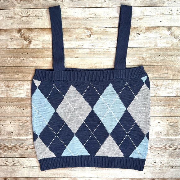 27 Miles Argyle Knit Tank Top XS Navy Gray Light Blue - Picture 1 of 6